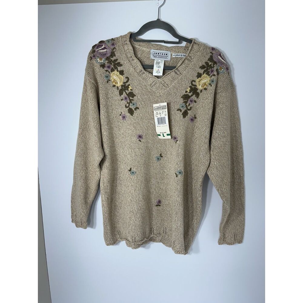 Vintage Jantzen Classics Women L Floral Hand Embroidered Sweater NWT Ramie